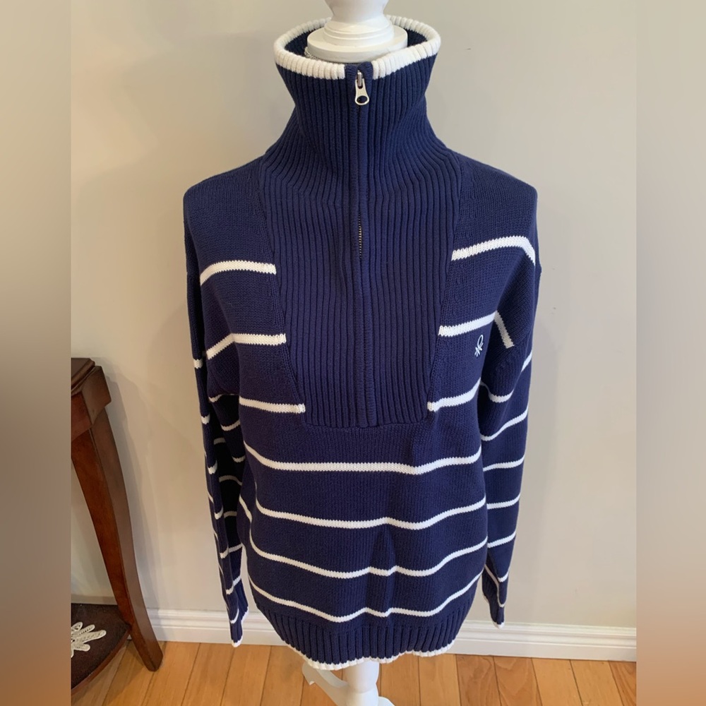 United Colors Of Benetton 100% Cotton Navy and White Zip-Up Sweater